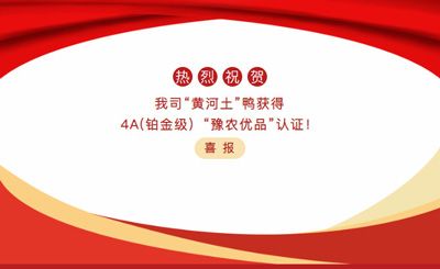 【喜報(bào)】—我司黃河土鴨獲4A(鉑金級(jí)）“豫農(nóng)優(yōu)品”認(rèn)證！